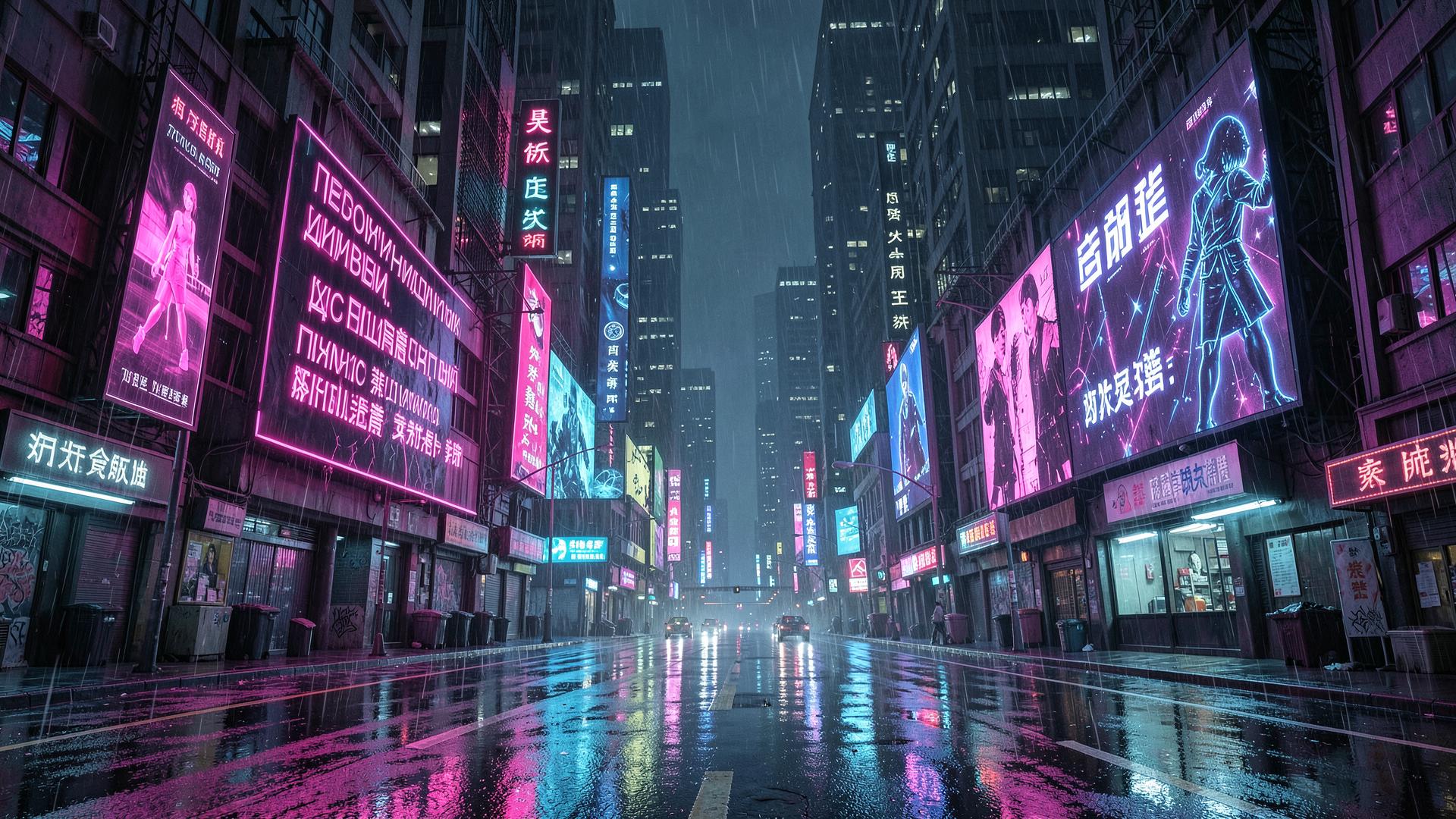 Neon cyberpunk city street with holographic hip-hop billboards